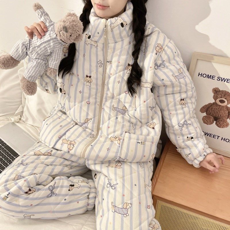冬季三层夹棉月子服12月份加绒加E厚棉服孕妇产后大码哺乳期睡衣
