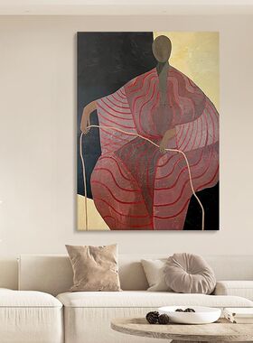 侘寂风抽象人物手绘油画客厅装饰画中古色块线条网红艺术玄关挂画