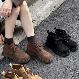 2024秋冬新款真皮磨砂皮马丁靴女英伦风复古短筒系带平底加绒棉鞋