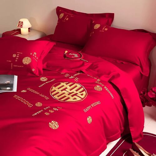大红色婚庆四件套纯棉100全棉结婚E被套床单新婚嫁房中式床上用品