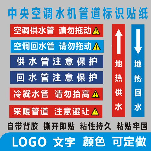 诗束 空b调供回水标识空气能安装出进冷凝排水管道不干胶标签贴纸