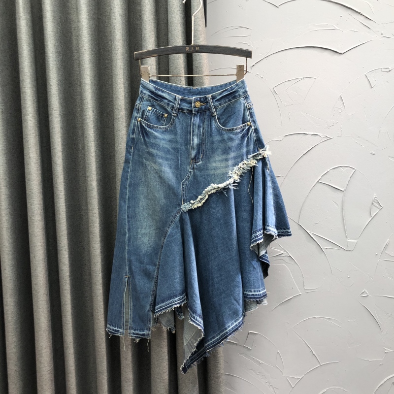 个性不规则牛仔半身裙女夏季时尚设计感乞丐街头中长拼接a字裙潮