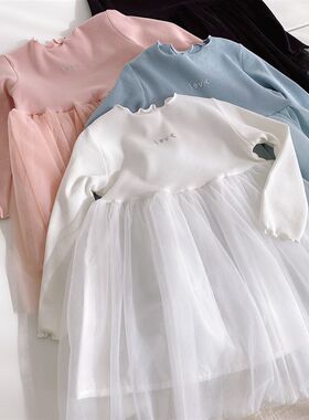 75829 特 儿童公主连衣裙 女童坑条木耳边长袖蓬蓬纱裙可爱纯色春