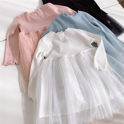 75829 特 儿童公主连衣裙 女童坑条木耳边长袖蓬蓬纱裙可爱纯色春