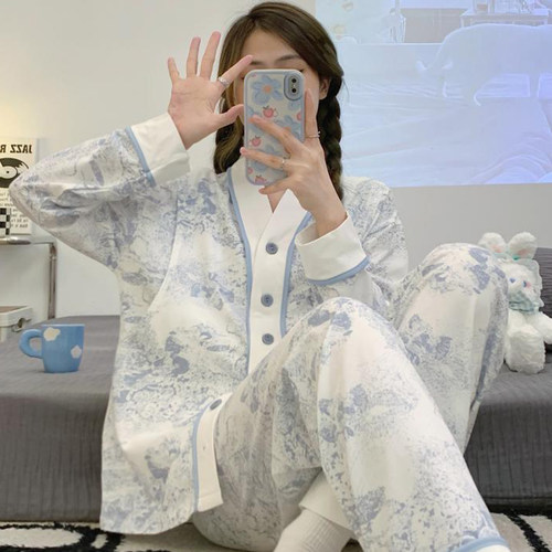 春秋季纯棉时尚月子服柔s软吸汗孕妇睡衣产后产妇哺乳喂奶衣家居