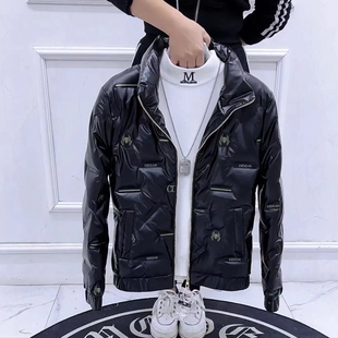 冬季外套男立领韩版亮面男士x羽绒服短款潮流个性印花轻薄网红棉