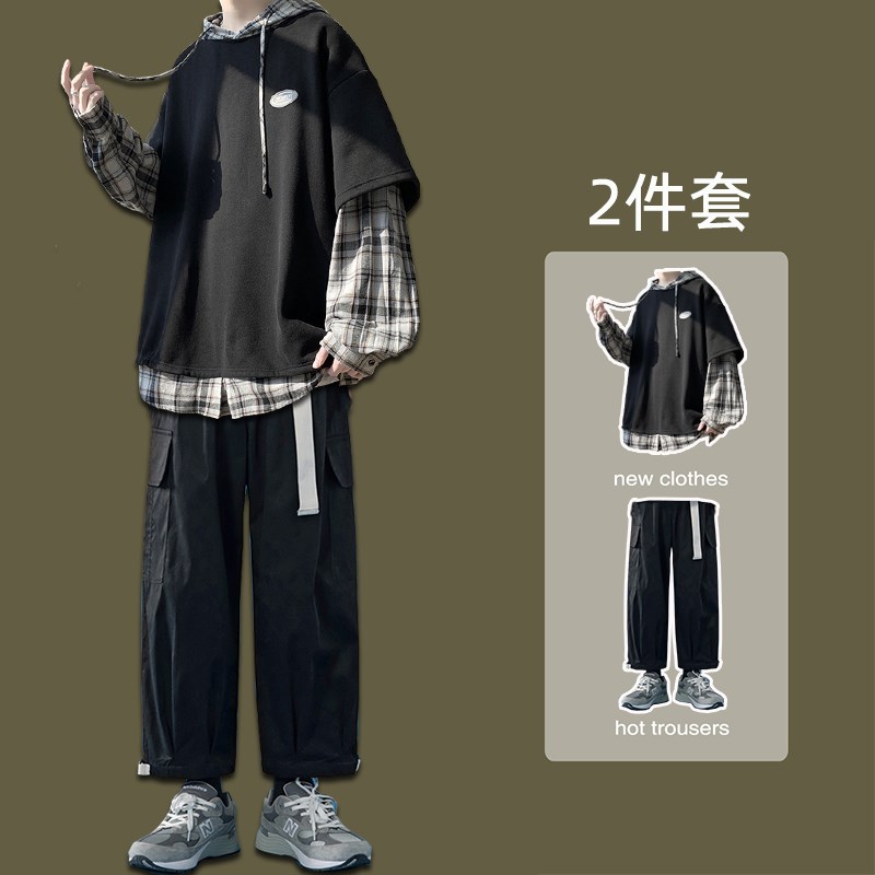 假两件卫衣男套装衣服搭r配一套帅气潮流小众宽松男生连帽外套休