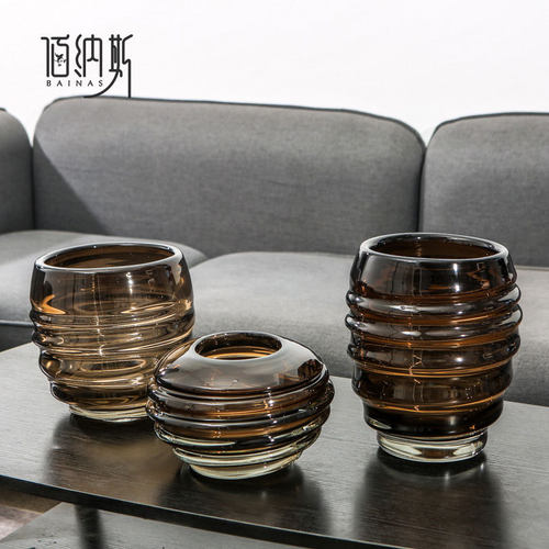 美式轻奢咖色透明玻璃花r瓶客厅餐桌玄关插花器家居样板间工艺摆