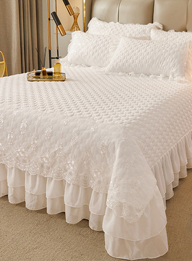 a类夹棉绗d缝床盖单件高级感蕾丝花边白色公主风加厚床单四季通用