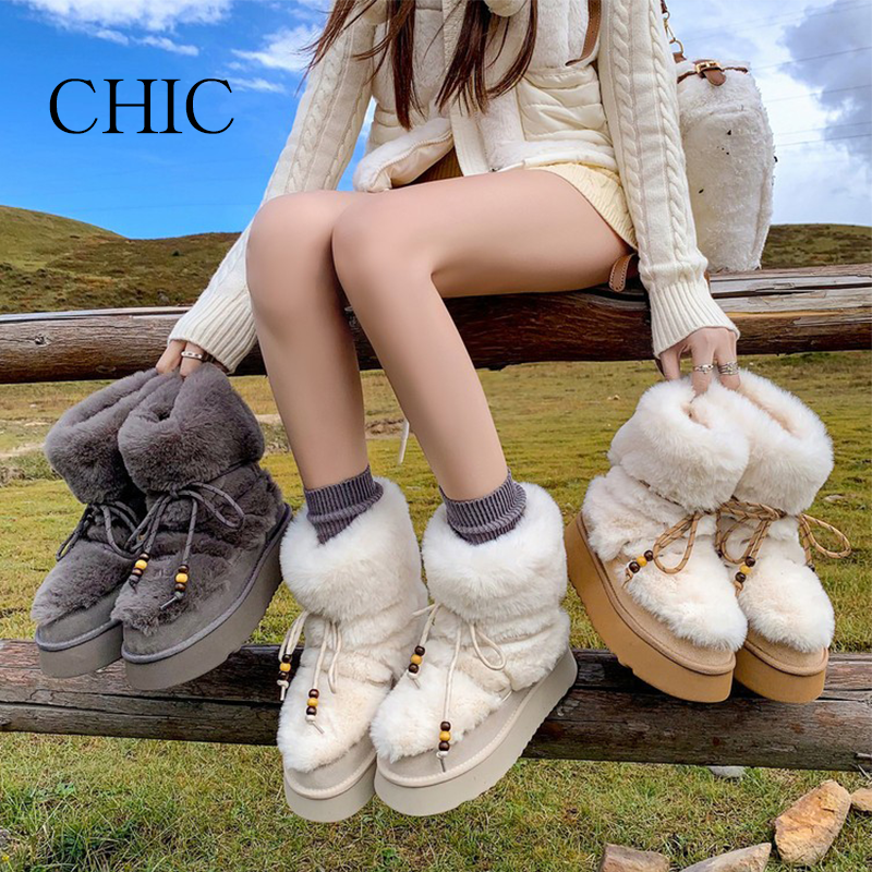 CHIC奇柚/2025冬季新款毛毛雪地靴女短筒可爱松糕厚底加绒加厚