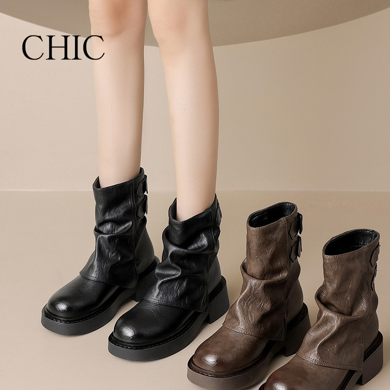 CHIC奇柚/马丁靴女美拉德短靴女2025新款春秋单靴厚底棕色裤管