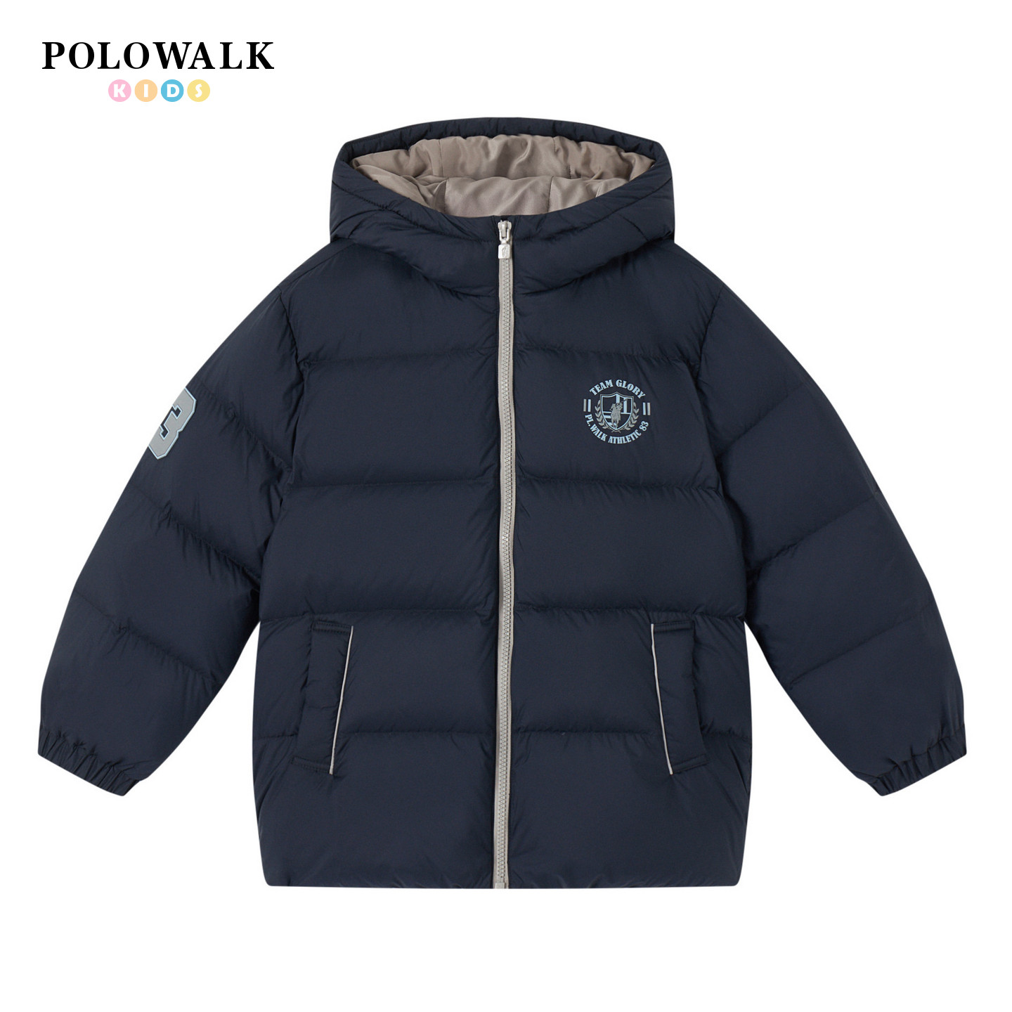 POLOWALK男童立领连帽羽绒服2026冬季新款90鸭绒徽章儿童保暖外套