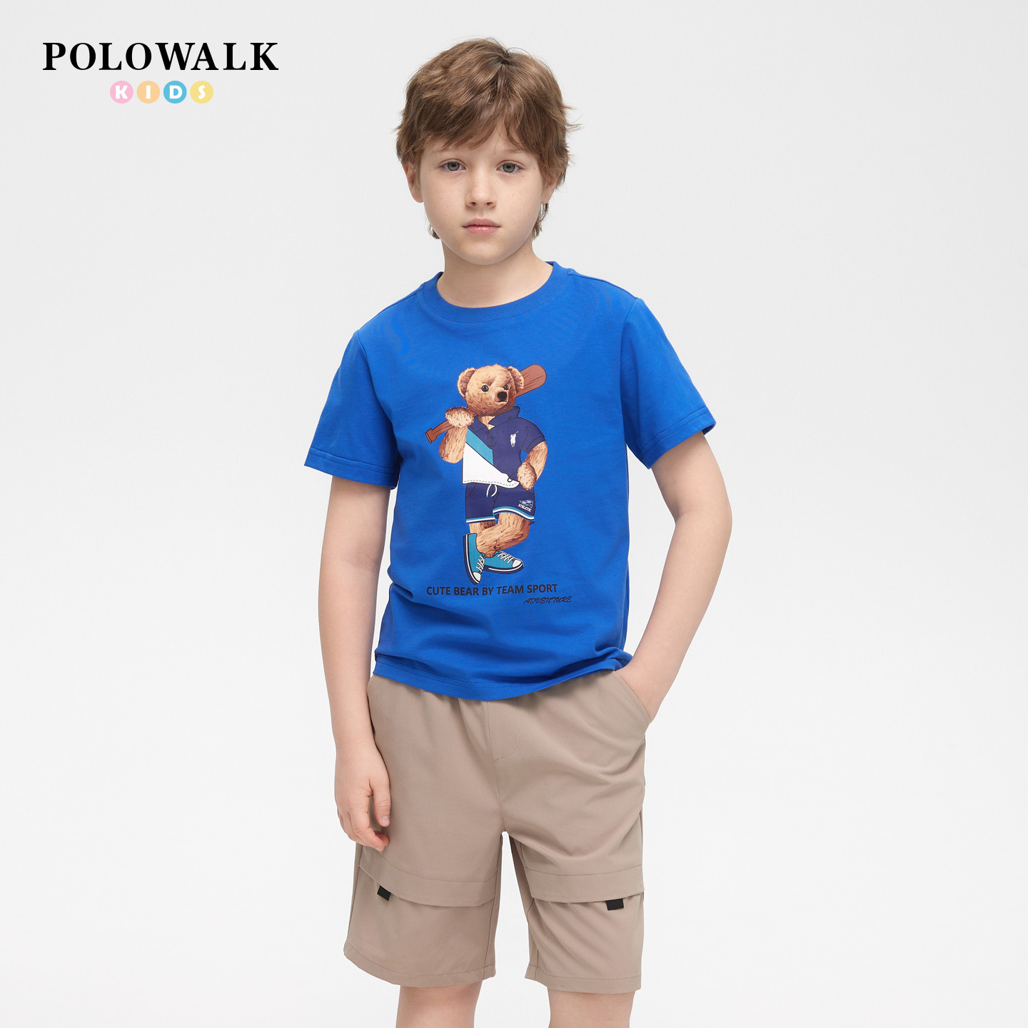 POLOWALK童装26新品夏季印花短袖圆领套头T恤POLO衫可爱小熊印花