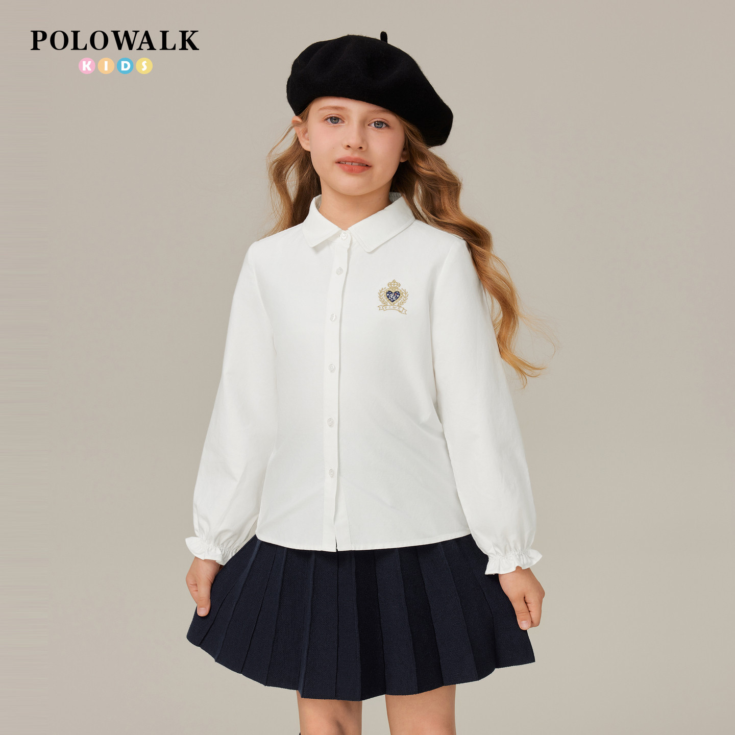 POLOWALK童装女童长袖衬衫2026春季新品百搭休闲中大童翻领上衣