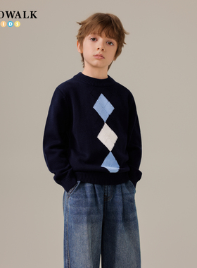 POLOWALK童装男童针织衫2025秋冬新款圆领线衫撞色菱形提花毛衣