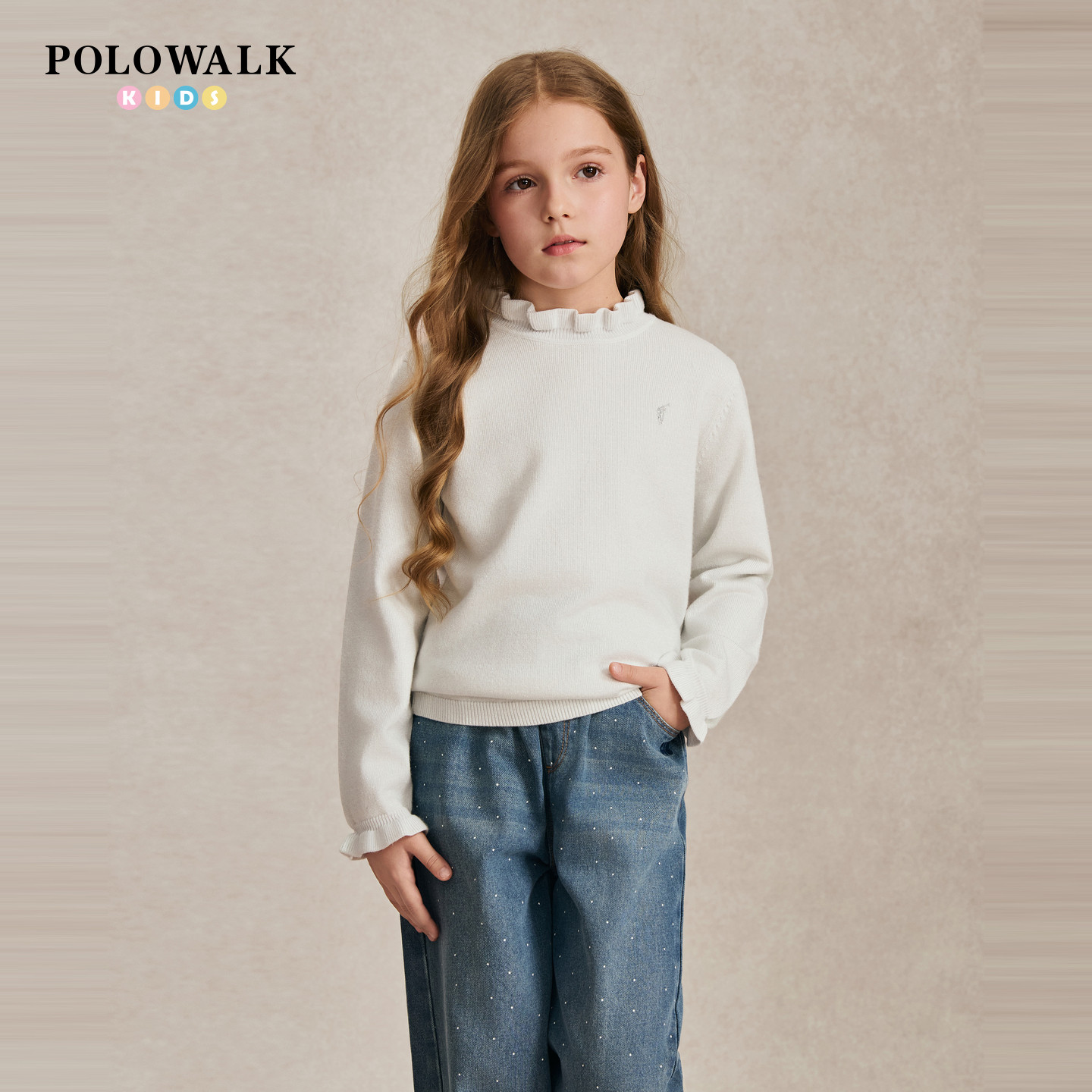 POLOWALK女童针织衫2026秋季新品木耳边时尚设计半高领纯色毛衣