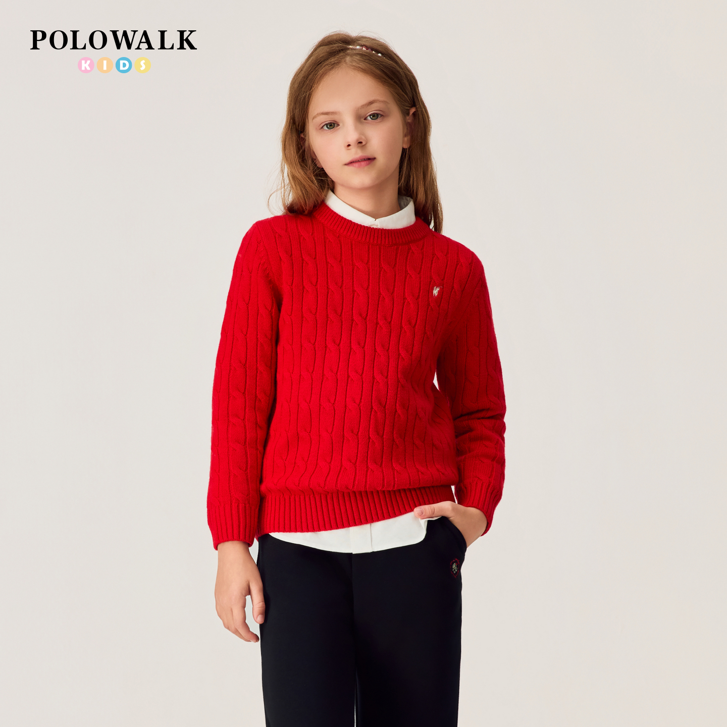【新年款】POLOWALK童装女童羊毛衫2026年新品圆领红色绞花毛衣