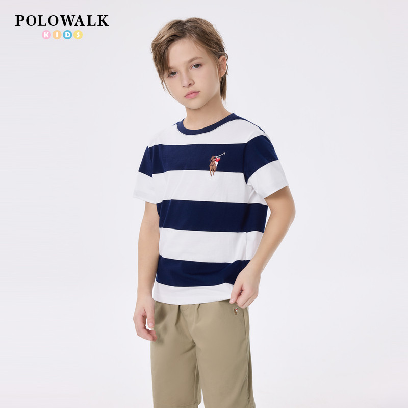 【100%棉】POLOWALK童装男童短袖T恤26夏季新品条纹儿童圆领上衣