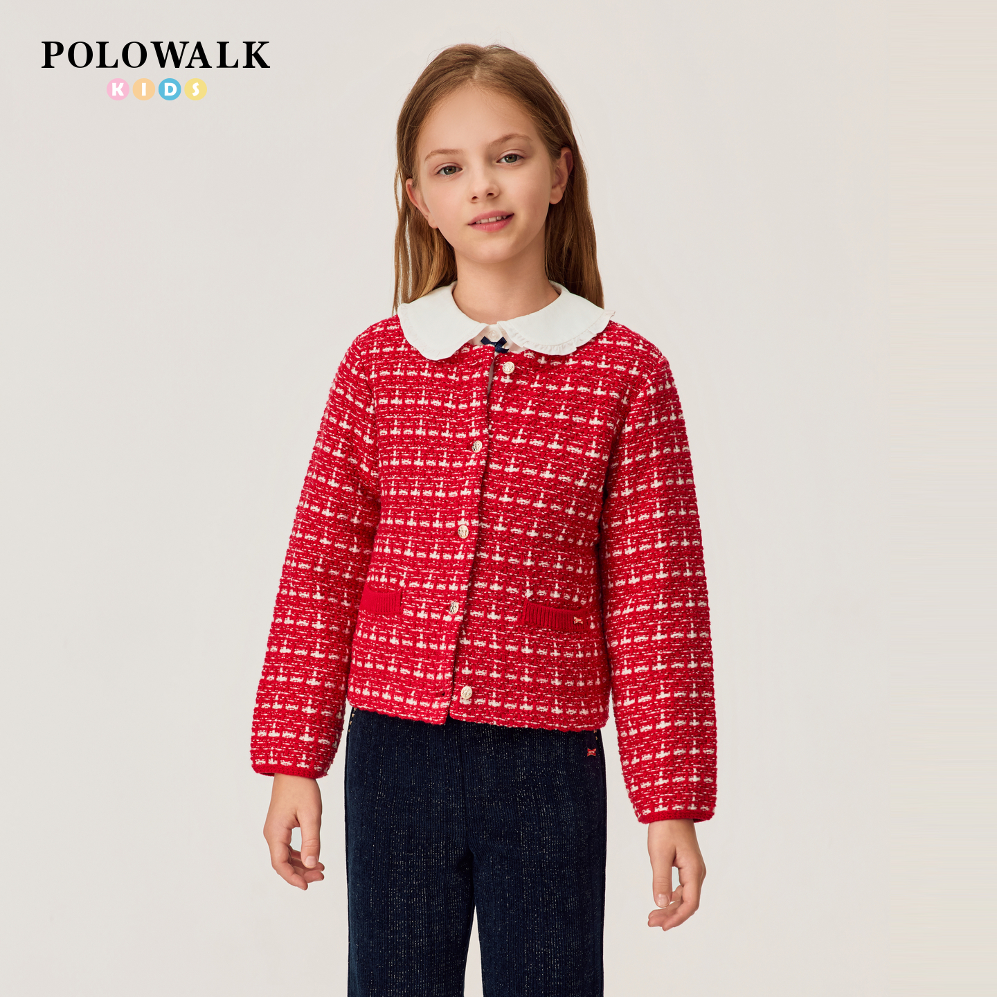 【新年款】POLOWALK童装女童针织衫2026新品红色圆领开衫针织毛衣