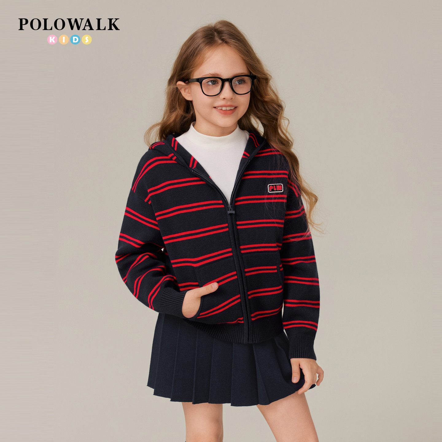 【100%棉】POLOWALK童装女童针织衫2025秋冬长袖连帽条纹提花开衫