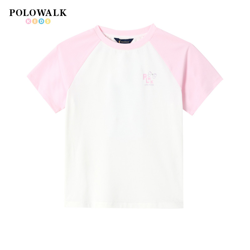 POLOWALK童装女童短袖T恤2026夏季新品撞色拼接袖儿童圆领打底衫