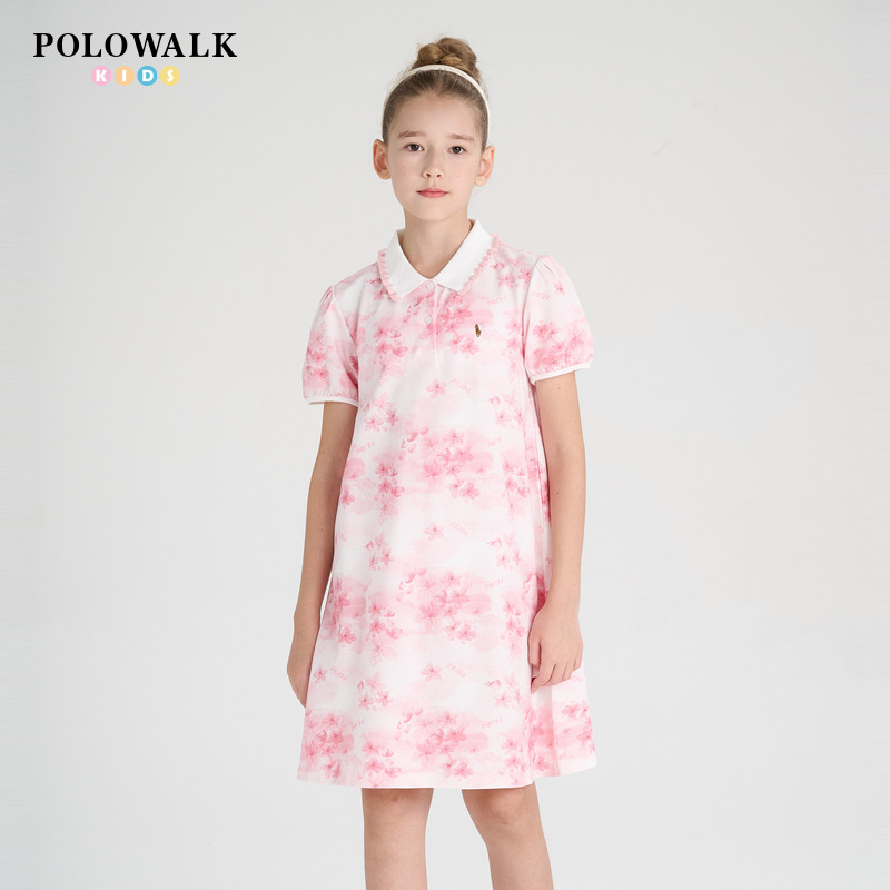 POLOWALK童装2025新品夏季短袖连衣裙女童裙子粉色印花翻领