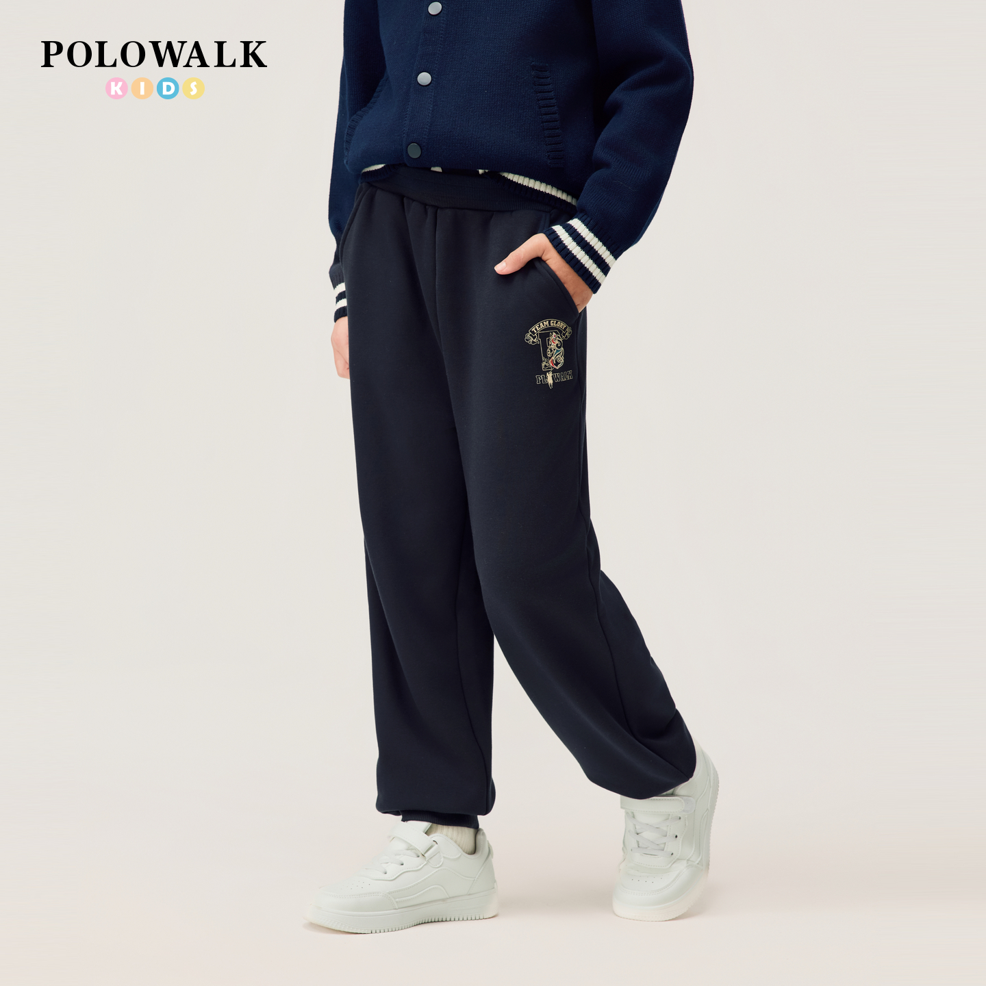 【新年款】POLOWALK童装男童卫裤2026新品松紧腰撞色刺绣加绒长裤