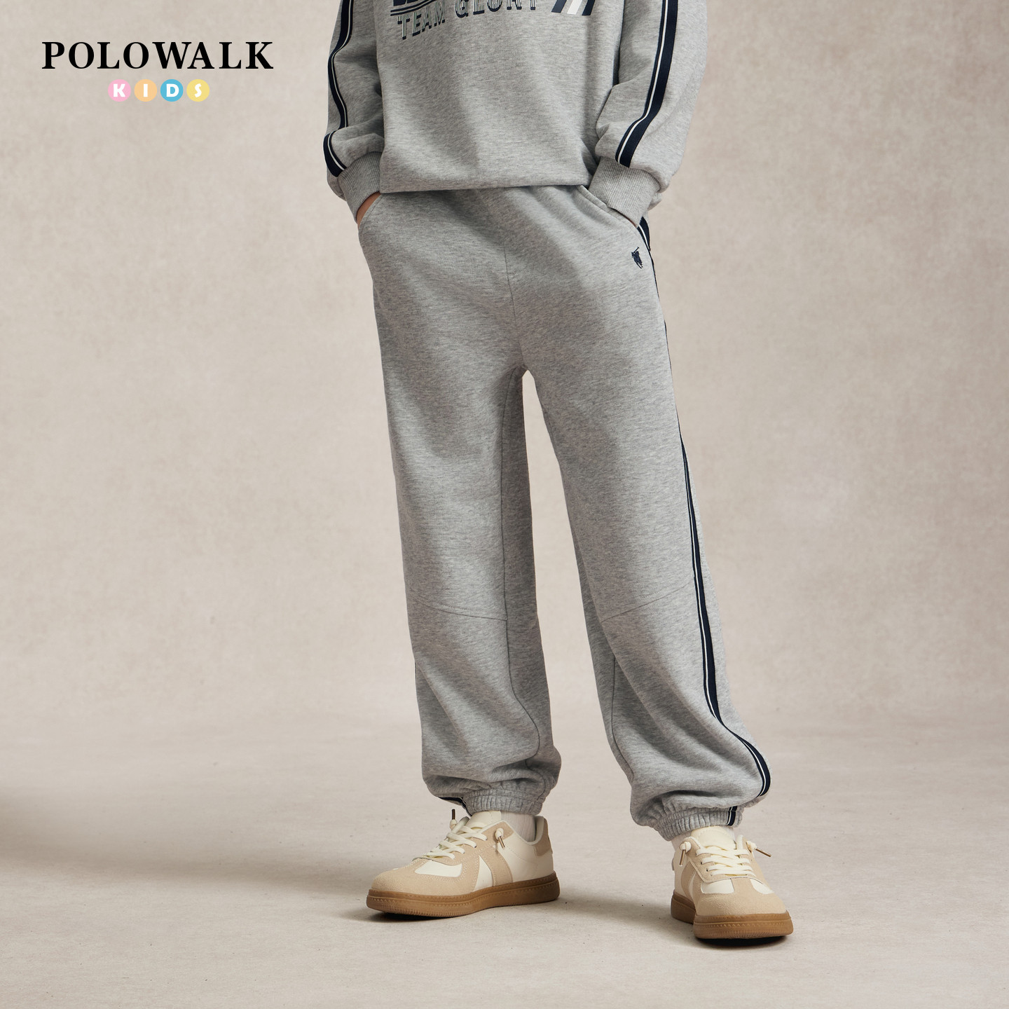 POLOWALK男童卫裤秋季新款松紧腰束脚裤腿织带马仔刺绣休闲长裤