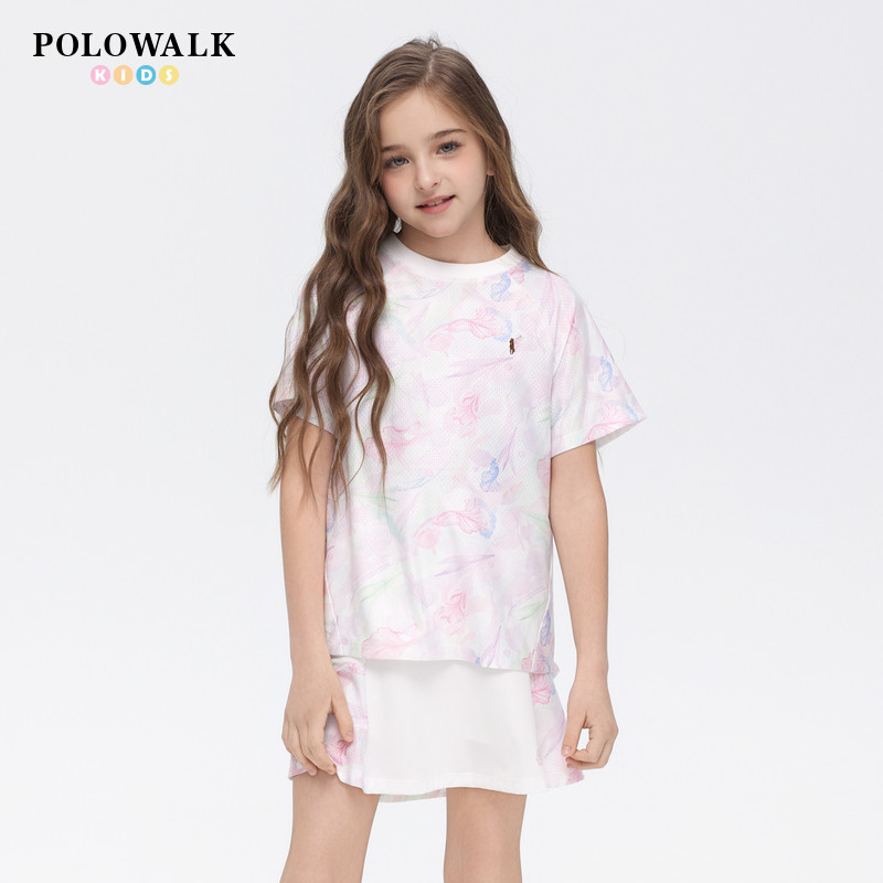 POLOWALK童装女童短袖T恤2026夏季新品撞色印花中大童圆领上衣