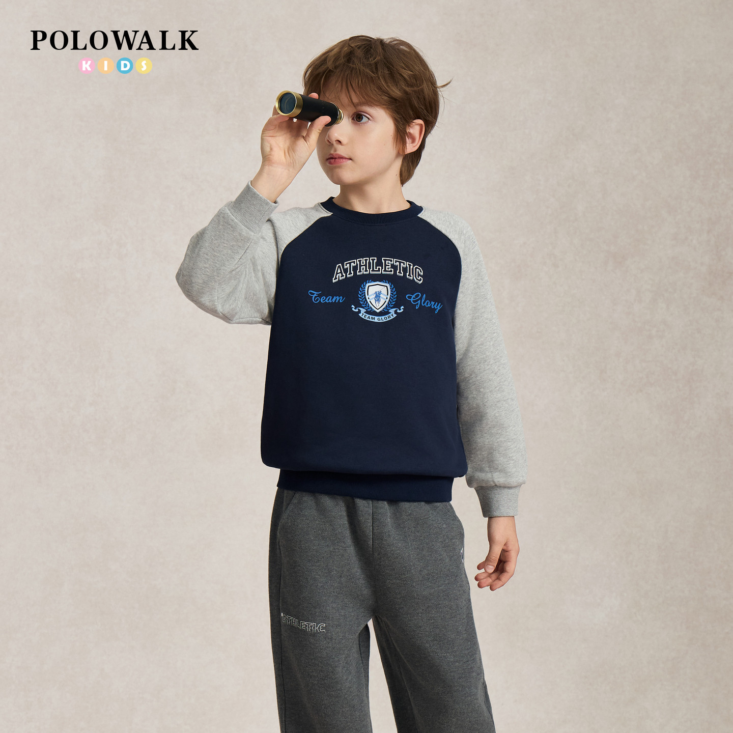 POLOWALK男童卫衣早秋新品撞色插肩袖中大童圆领印花休闲套头衫