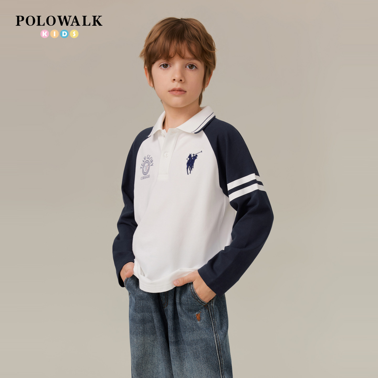 POLOWALK童装男童长袖T恤打底衫2026春夏款男童polo领学院风上衣
