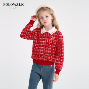 POLOWALK童装毛衣女2025秋冬新品女童翻领针织衫洋气甜美打底衫