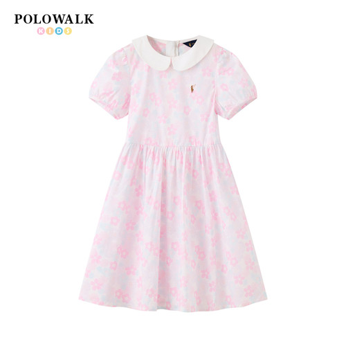 POLOWALK童装2026夏季新品女童短袖连衣裙清新学院风儿童连衣裙