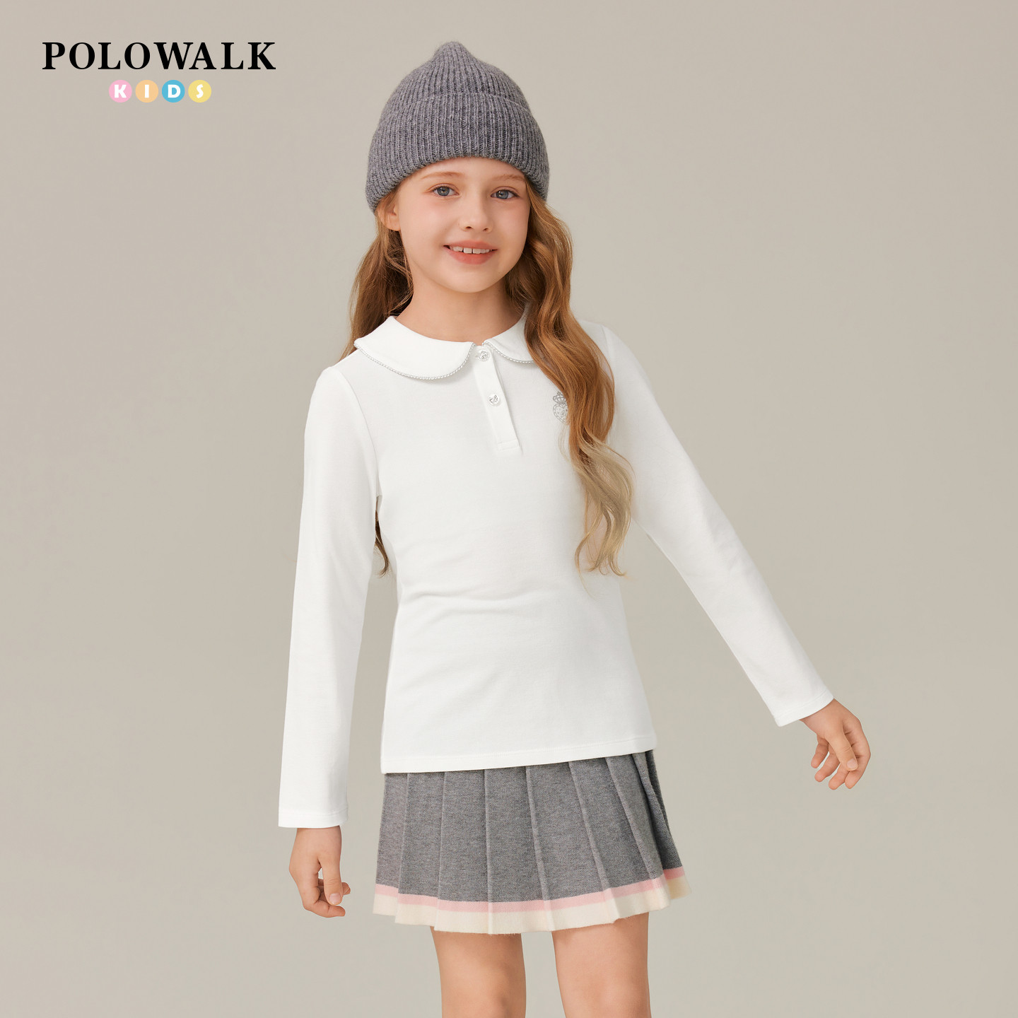 POLOWALK童装女童长袖T恤polo衫26春季新品撞色中大童百搭上衣