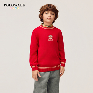 【新年款】POLOWALK童装男童针织衫2026新品红色圆领刺绣百搭毛衣