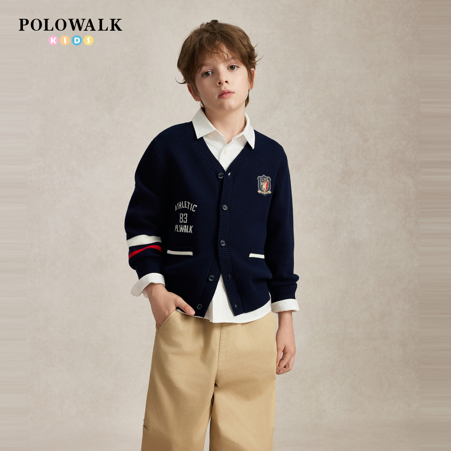 POLOWALK男童开衫2026早秋V领字母提花儿童徽章刺绣学院风针织衫