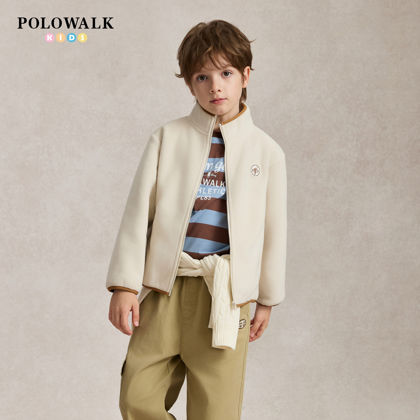 POLOWALK男童摇粒绒外套秋冬新品立领拉链撞色包边宽松休闲上衣