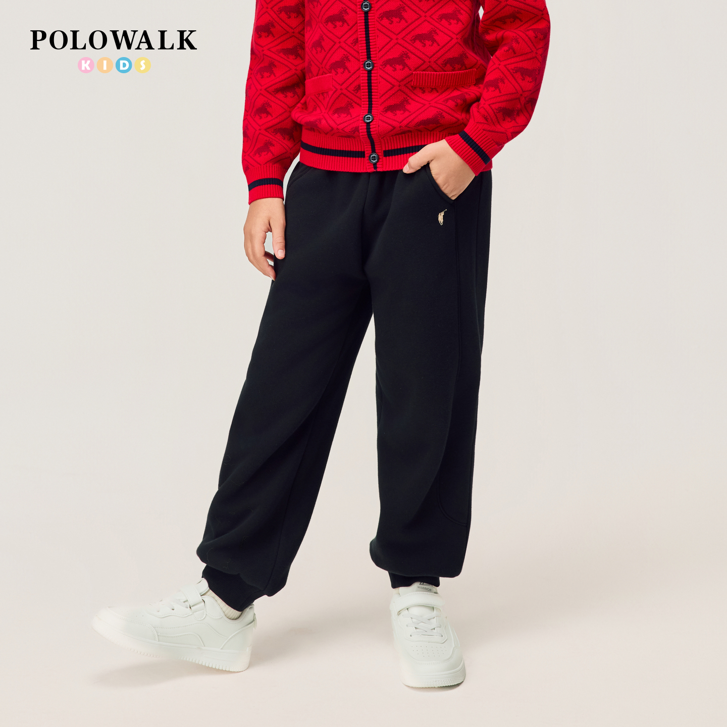 【新年款】POLOWALK童装男童卫裤2026新品国风印花加绒束脚长裤