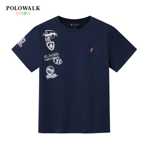 POLOWALK童装2026夏季新品男童短袖T恤圆领套头t恤撞色印花上衣