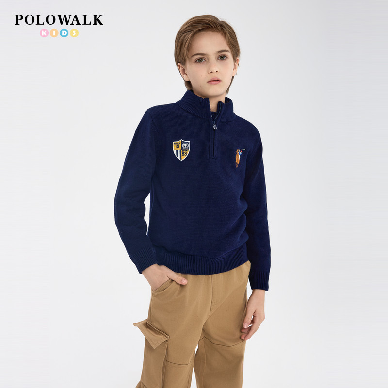 POLOWALK童装男童针织衫2025秋冬新款圆领毛衣内搭男长袖针织上衣