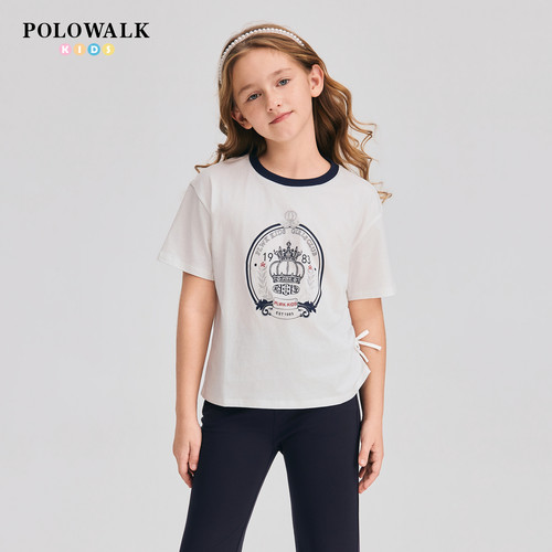 【100%棉】POLOWALK童装2026夏季新品女童短袖T恤透气圆领上衣