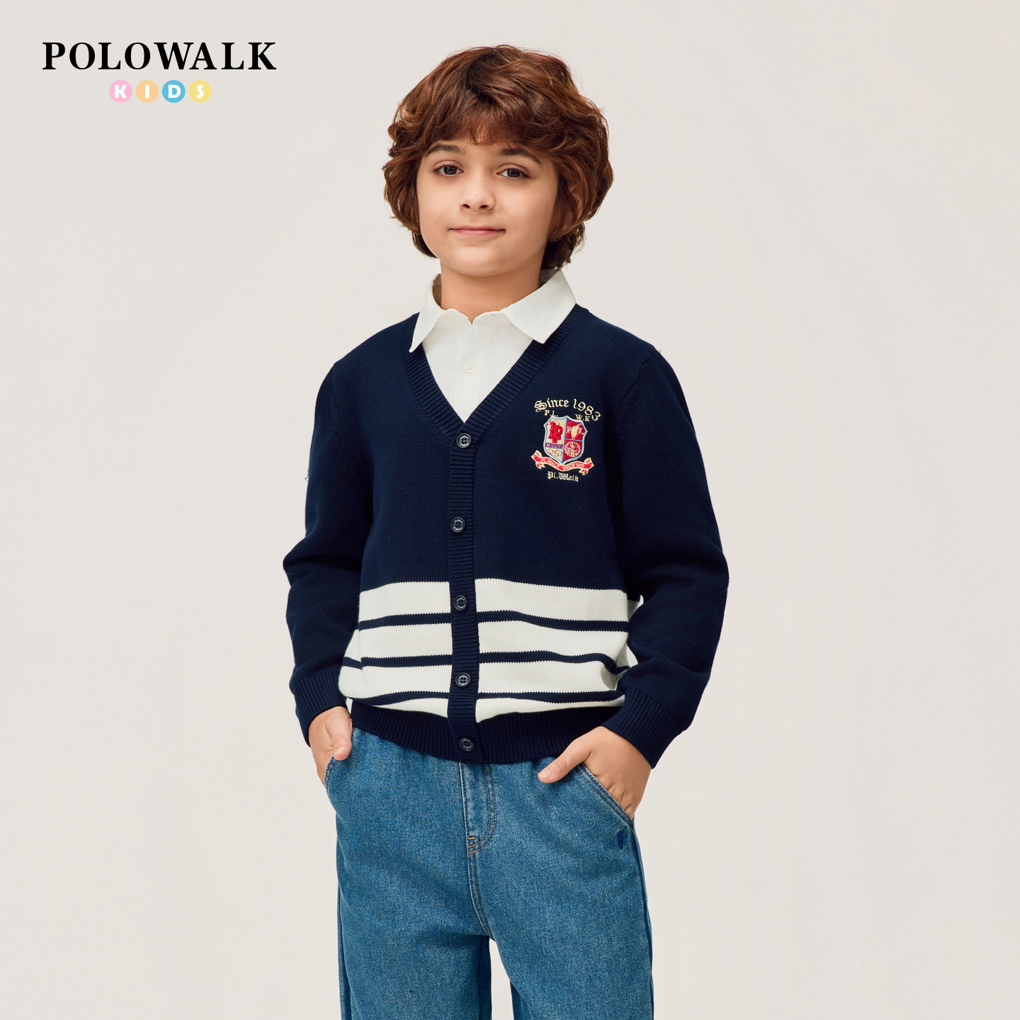 【新年款】POLOWALK童装男童针织衫2026新品撞色条纹提花假两件