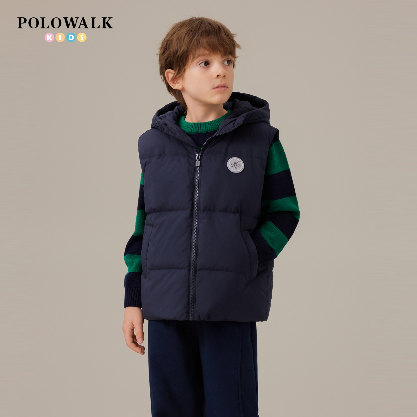 【80鸭绒】POLOWALK童装男童羽绒马甲2025秋冬新品撞色刺绣外套