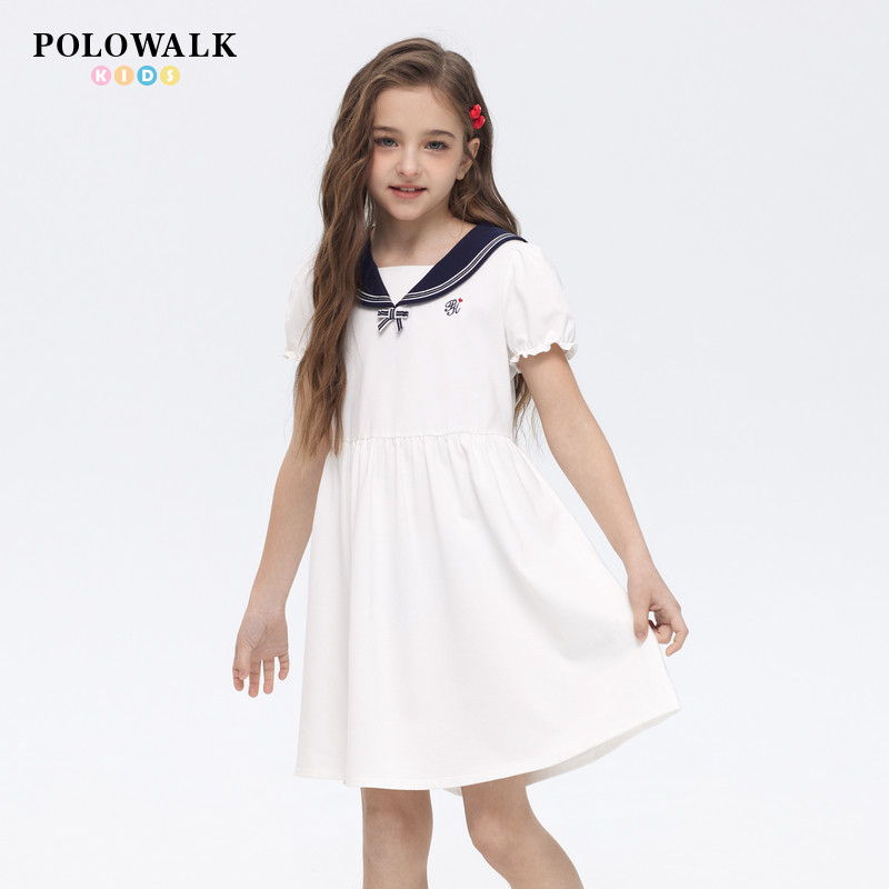 POLOWALK童装女童短袖连衣裙2026夏季新品学院风中大童翻领长裙
