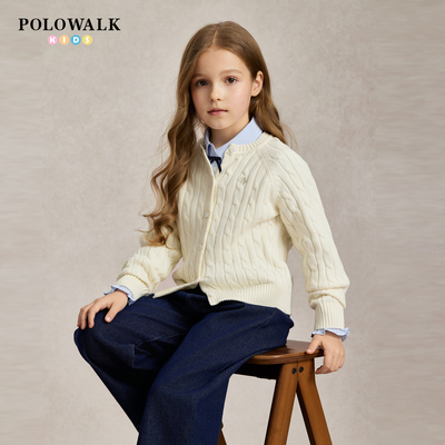 POLOWALK女童绞花针织开衫早秋外套线衫