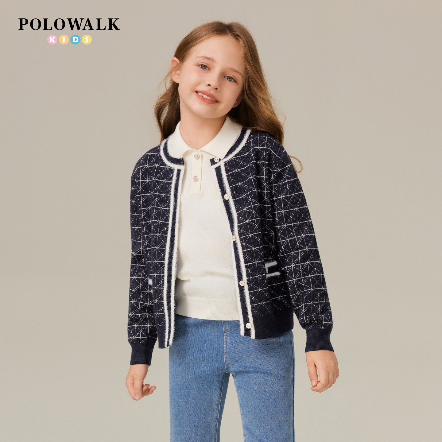 POLOWALK童装女童针织衫2025年秋冬新款小香风圆领中大童提花开衫