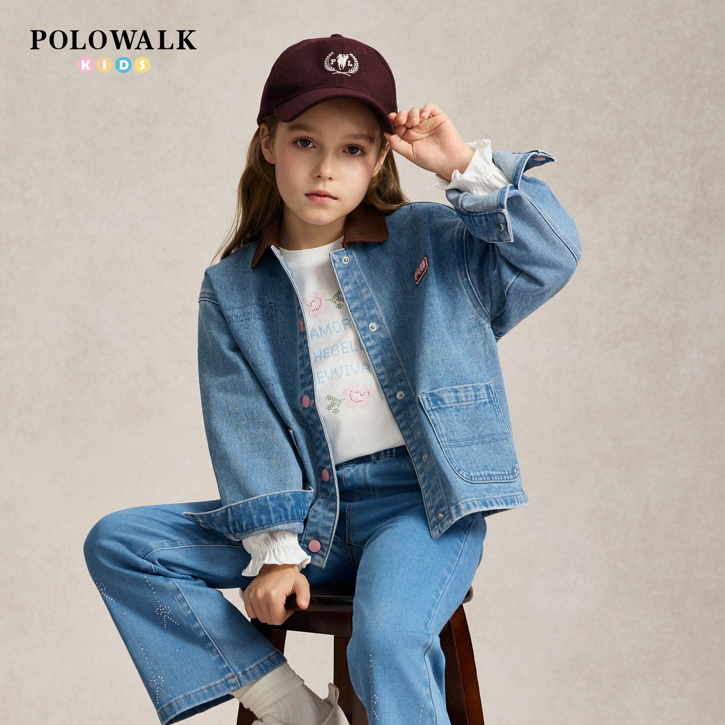 POLOWALK女童外套2026早秋新款撞色翻领儿童miu系绣标牛仔外套