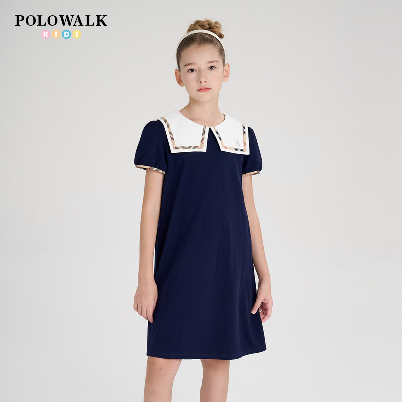 POLOWALK童装2025新品夏季学院风连衣裙女童针织裙子撞色海军领