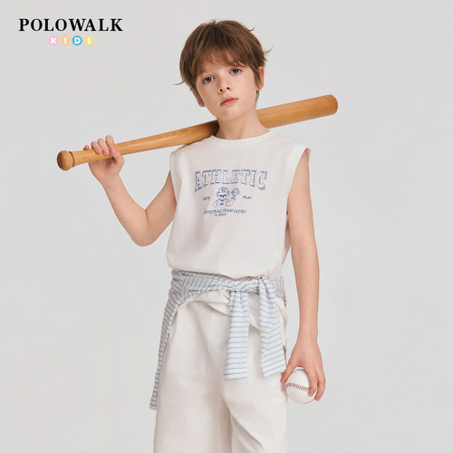 POLOWALK童装2026夏季新品男童背心圆领无袖印花儿童短T恤运动衫