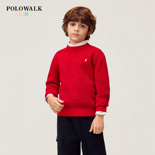 【新年款】POLOWALK童装男童针织衫2026年新品纯棉红色提花毛衣